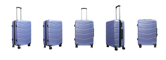 Suitcase set. Wheeled luggage with telescopic handle, side grip and hard protective case in blue and