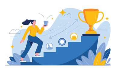 Business Success Concept Woman Climbing Stairs Toward Trophy Flat Vector Illustration