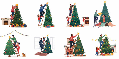 Set of illustrations showing Father and Daughter decorating Christmas trees, placing the star topper while wearing festive sweaters, representing family holiday tradition. © Nadhirotul