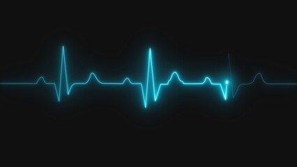 A medical ecg heartbeat monitor displaying a vibrant blue waveform on a dark background © Jahanara Stock