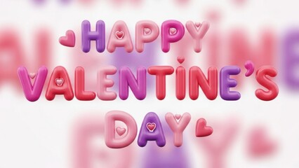 Happy valentine's day 3d render with colorful bubble letters on a soft purple and pink background