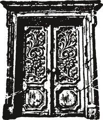 Fototapeta premium Ornate vintage wooden door with floral carvings and weathered texture, antique architectural design