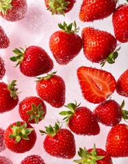 Fresh strawberries popping in the water　水の中で弾けるフレッシュなイチゴたち