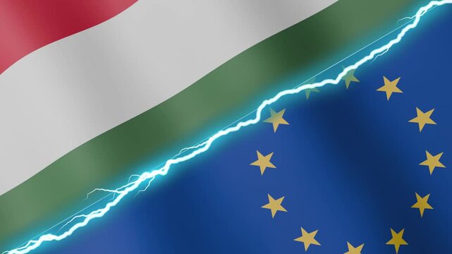 Two waving flags Hungary and European Union with diagonal lightning seamless, 4k loop
