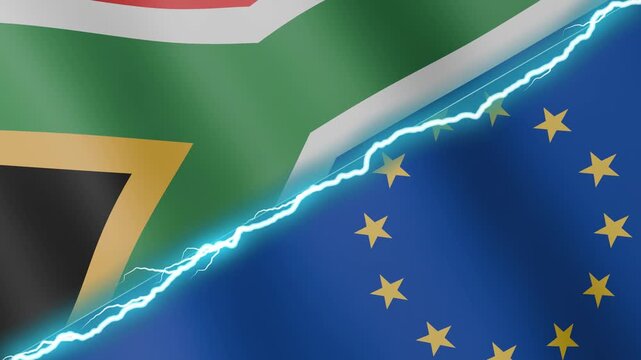 Two waving flags South Africa and European Union with diagonal lightning seamless, 4k loop