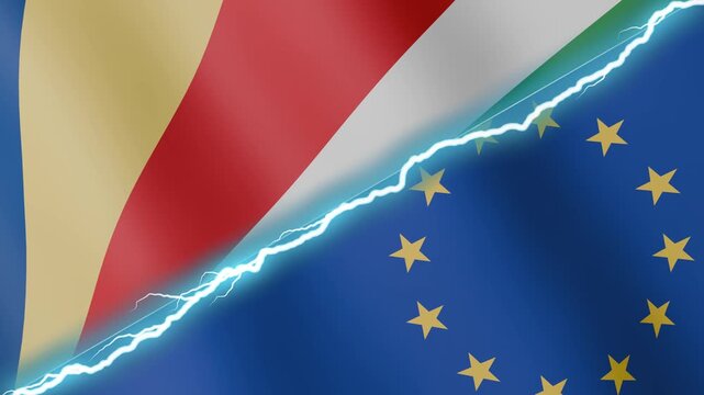 Two waving flags Seychelles and European Union with diagonal lightning seamless, 4k loop