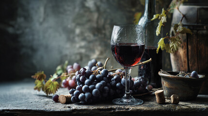 Obraz premium A glass of red wine and a bunch of grapes on a rustic wooden table
