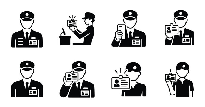 Security personnel, border control, and identity verification icon set, vector illustrations for airports, customs, immigration, safety, and surveillance design projects.