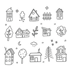 Cute houses, doodle set. Vector set, linear illustration.