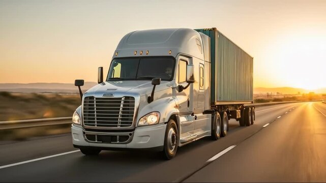 Majestic semitrailer truck driving on scenic highway at sunset