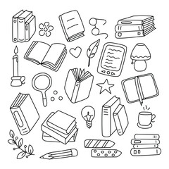 Books doodle set. Vector set, linear illustration