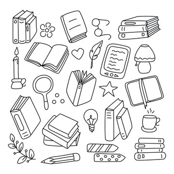 Books doodle set. Vector set, linear illustration