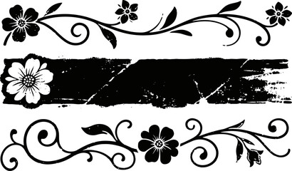 Naklejka premium black floral design elements with grunge texture for decorative borders and accents