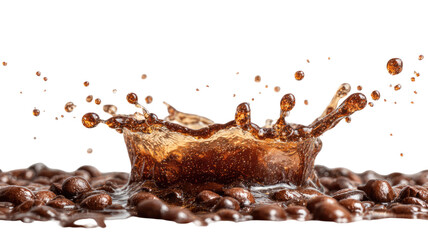 Delicious dark chocolate and coffee splashes isolated on white background with gourmet cocoa beans and fresh milk cream for a sweet dessert snack
