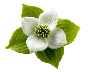 Obraz premium Single white dogwood flower with four delicate petals and vibrant green leaves is captured in a detailed macro studio shot from a top-down perspective, highlighting its natural beauty