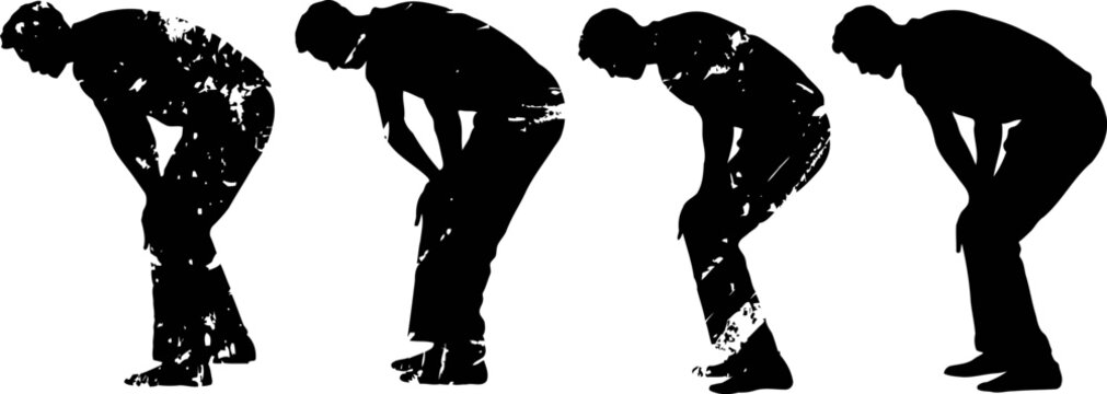 Exhausted man silhouette bending forward with hands on knees in various poses, fatigue and tiredness concept