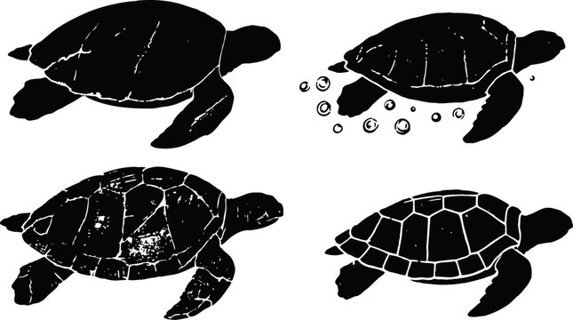 Silhouettes of four sea turtles swimming with textured shell patterns and bubbles in black