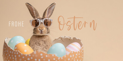Frohe Ostern Konzept, Ferien Feiertag Gru&szlig;karte, Karte mit deutschem Text - Osterhase Feldhase Hase mit Sonnenbrille in Osterei, isoliert auf beigem Hintergrund