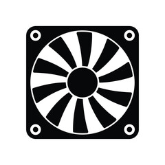 Black and white illustration of a computer cooling fan with mounting holes