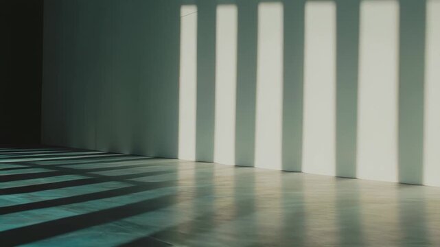 Empty room interior with strong sunlight creating striking parallel shadows on the wall and floor, emphasizing geometric patterns, negative space, and a minimalist aesthetic