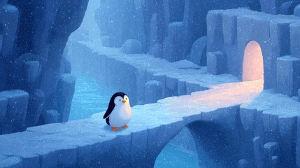Puzzle platform game scene: penguin gliding across gap, magic wing effect