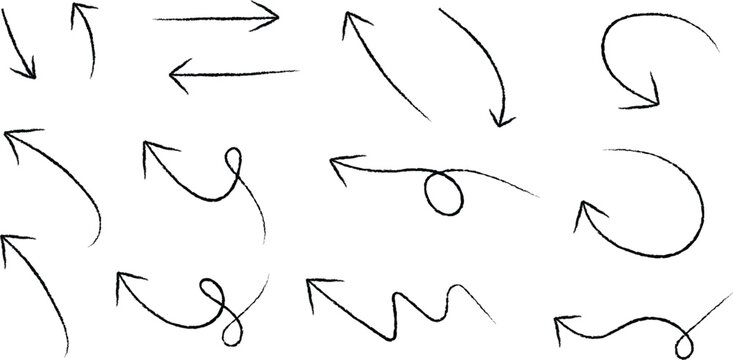 A collection of hand drawn arrows in various styles and directions for design and illustration purposes