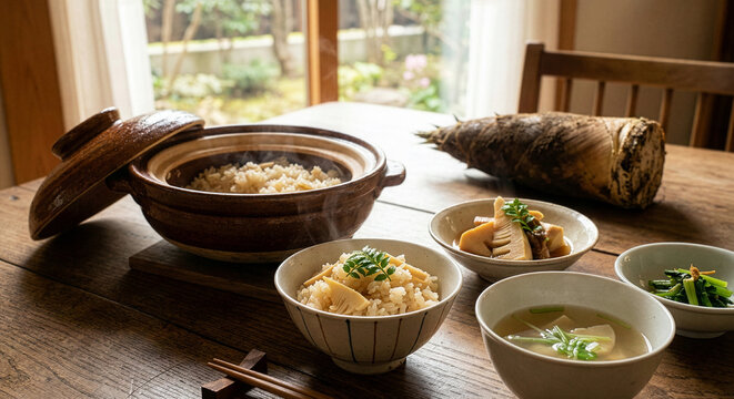 Cozy Japanese Spring Meal: Served Takenoko Gohan (Bamboo Shoot Rice) with Seasonal Side Dishes at a Rustic Table