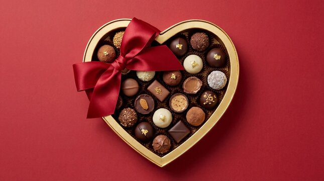 Heart shaped box of gourmet chocolates with red ribbon, top view Valentine's Day gift
