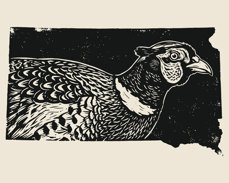 South Dakota Ringneck Pheasant Map Woodcut Style Illustration