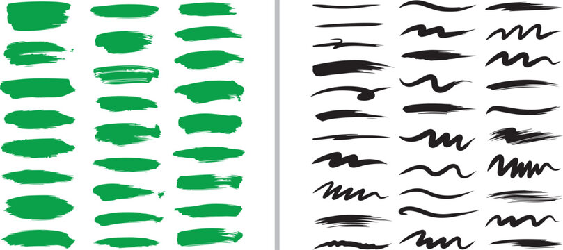 A versatile set of hand-drawn green paint dabs and black ink brush strokes. Features textured smears, wavy underlines, and artistic swooshes perfect for organic, eco-friendly vector designs.