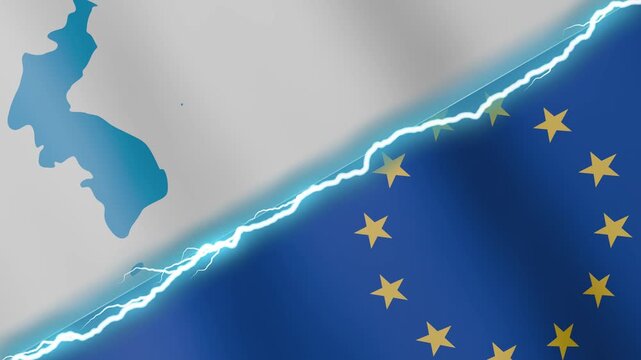 Two waving flags Unification flag of Korea and European Union with diagonal lightning seamless, 4k loop