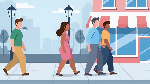 A vibrant illustration depicting people strolling on a city sidewalk. Ideal for concepts of urban life, community, local business, and everyday experi