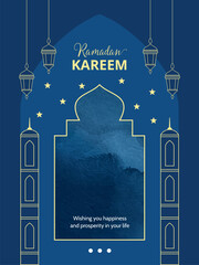 Ramadan Kareem holiday banner. Festive background with watercolor Islamic arched window and flat design lanterns, minarets