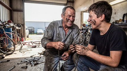 Grandfather and grandson repairing bicycle in garage family bonding mentorship hobby activity background copy space manual work fixing mechanics