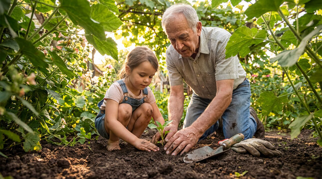 Grandfather and granddaughter planting seedling in garden spring nature background family growth sustainability ecology copy space earth care outdoor activity