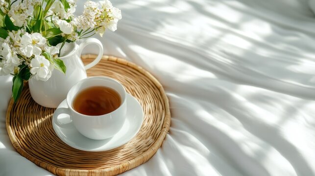 A cozy arrangement featuring a tea cup with fresh flowers on soft bed sheets, evoking a sense of relaxation, comfort, and tranquility in a serene indoor setting.