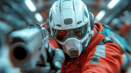 Obraz premium A futuristic soldier wearing advanced armor aims his weapon, emphasizing high-tech details and the intense atmosphere of a sci-fi adventure in a dystopian setting.