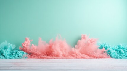Fototapeta premium An artistic explosion of colorful powder in pink and teal creates a dynamic visual effect, symbolizing creativity, joy, and expressive artistic expression against a subtle mint backdrop.