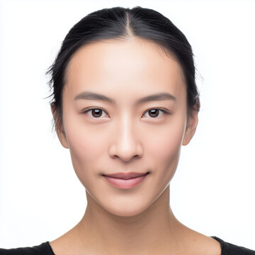 Neutrales Studio-Portr&auml;t einer asiatischen Frau vor wei&szlig;em Hintergrund. Klare Ausstrahlung, nat&uuml;rliche Haut und ruhiger Blick. Vielseitiges Motiv f&uuml;r Beauty, Business, Bewerbung, Skincare und modernes
