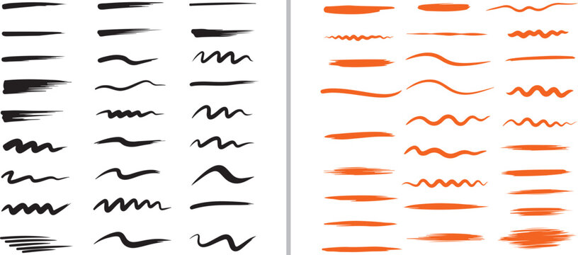 A collection of artistic black and orange vector brush strokes. Features wavy lines, zigzags, and textured paint marks, perfect for hand-drawn accents, underlines, and creative design elements.