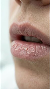 Close-up of chapped lips revealing texture and a need for care. Focus on the dry, peeling skin, illustrating the discomfort and the need for relief.
