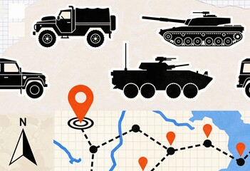 Fototapeta premium Military vehicle silhouettes outlined on a map background showcasing directional guidance and strategic deployment of military assets emphasizing tactical navigational planning