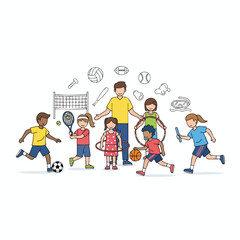 Happy Children Playing Various Sports with Adult Coach