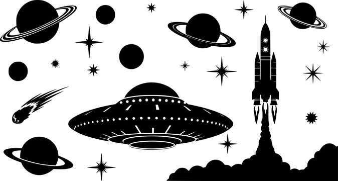 Space elements including planets ufo rocket and stars on transparent background silhouette

