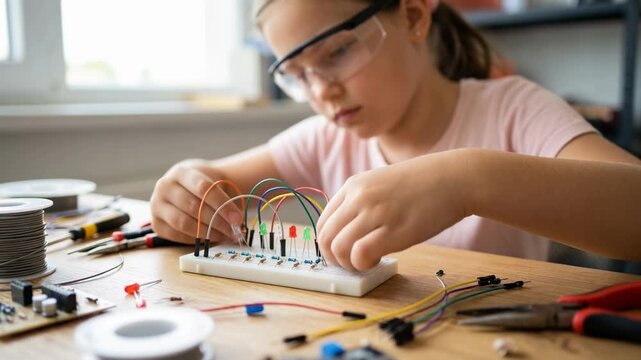 A young girl, engrossed in the intricate process of assembling electronic components on a breadboard. Demonstrating the magic of STEM education and hands-on learning.