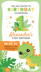 Cute dinosaur first birthday invitation template with jungle elements. Perfect for kids party, baby birthday celebration, editable card, printable poster and digital invitation.