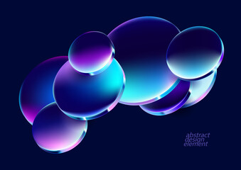 3D glass circle and ovals. Abstract composition of iridescent geometric shapes.