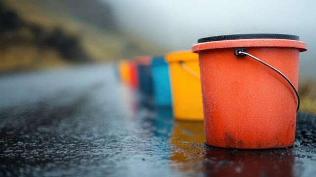 A vibrant array of buckets sits lined up on a rain-soaked road, reflecting both their colorful hues and the mystique of the fog enveloping the surroundings.