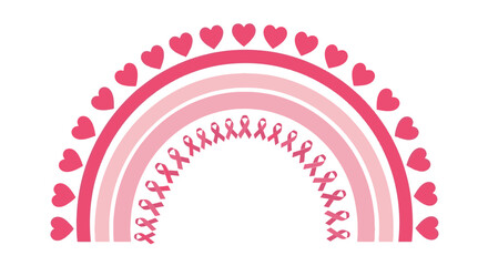 Naklejka premium Stylized Pink Breast Cancer Awareness Rainbow Vector Illustration Featuring Decorative Hearts and Numerous Support Ribbons