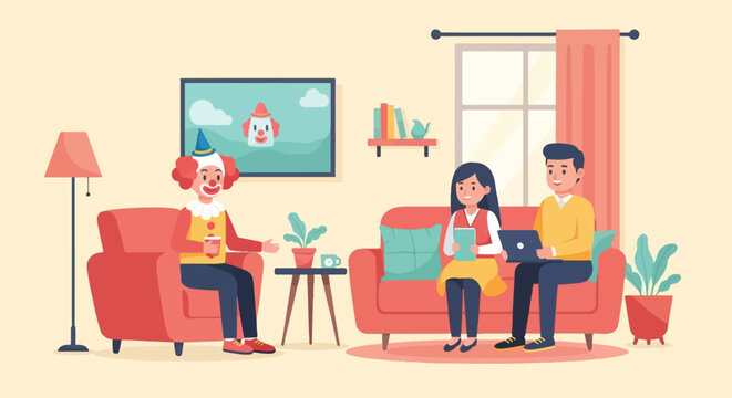 Clown with a cup entertains a couple on a sofa using laptop